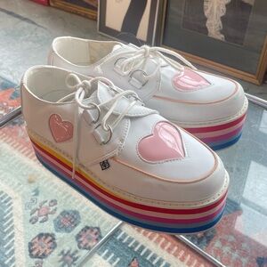 T.U.K. White Platform Creepers with Pink Hearts Rainbow Sole US 6